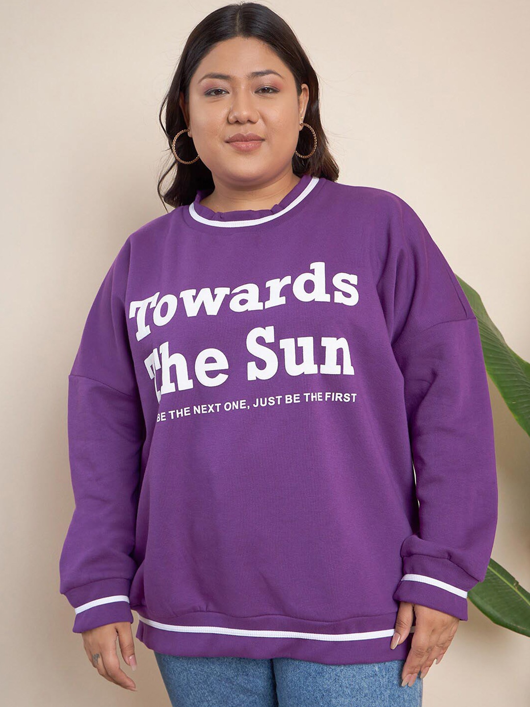 

CURVY STREET Plus Size Typography Printed Ribbed Pure Cotton Sweatshirt, Purple