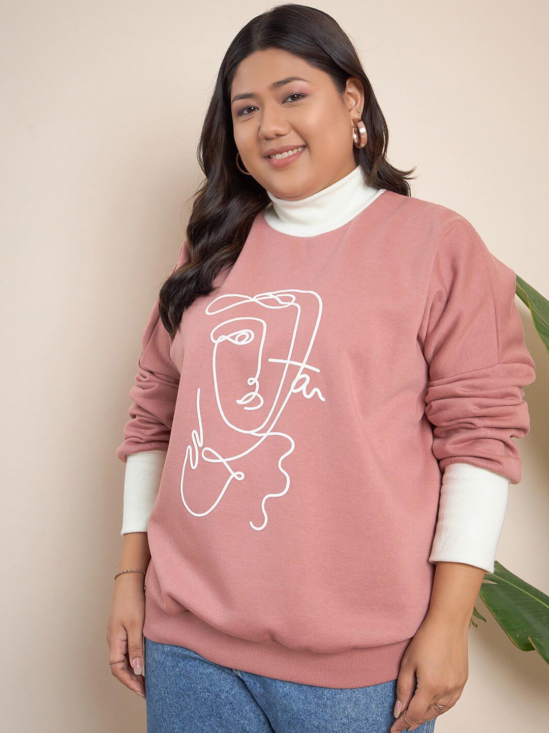 

CURVY STREET Plus Size Pink Graphic Printed High Neck Cotton Pullover Sweatshirt