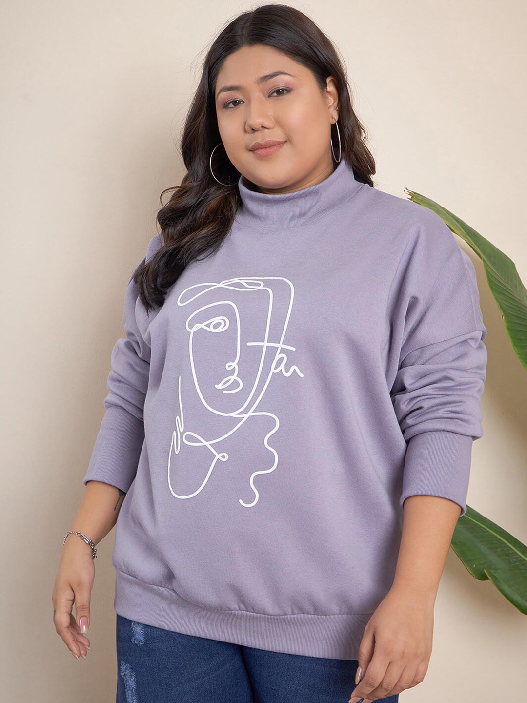 

CURVY STREET Plus Size Graphic Printed Turtle Neck Pure Cotton Pullover, Lavender
