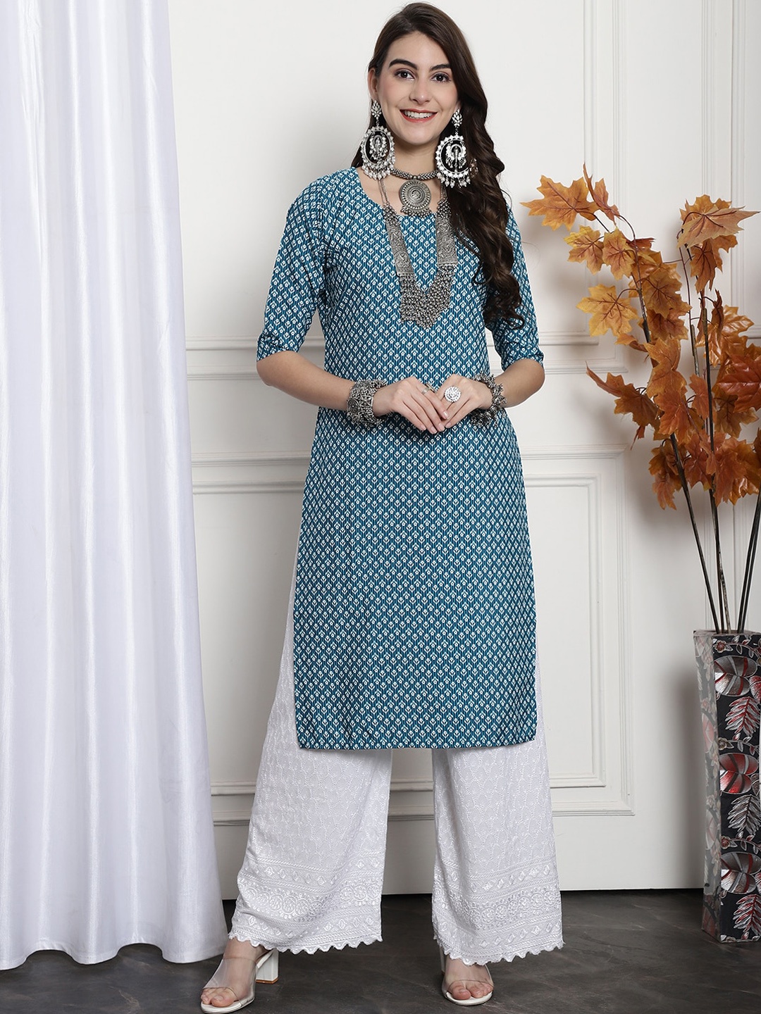 

7Threads Floral Printed Straight Kurta, Blue