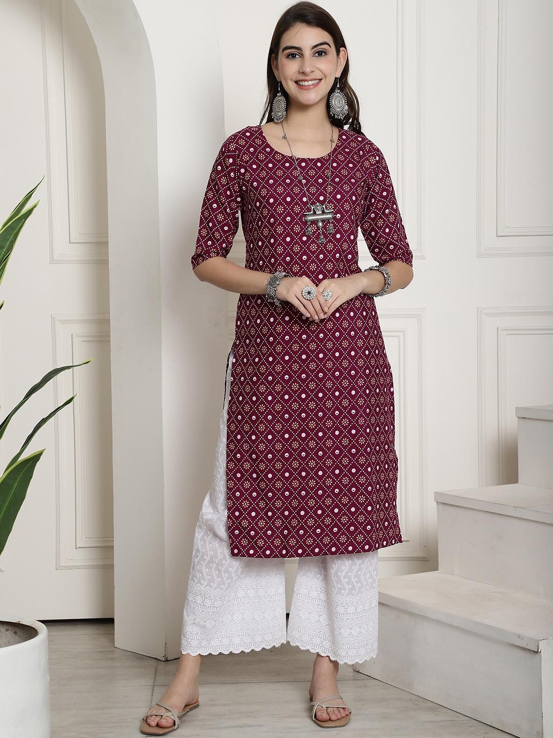 

7Threads Ethnic Motifs Printed Straight Kurta, Purple