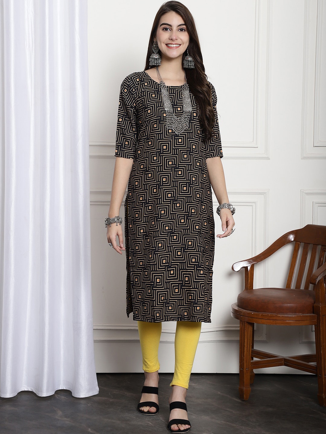 

7Threads Geometric Printed Kurta, Black