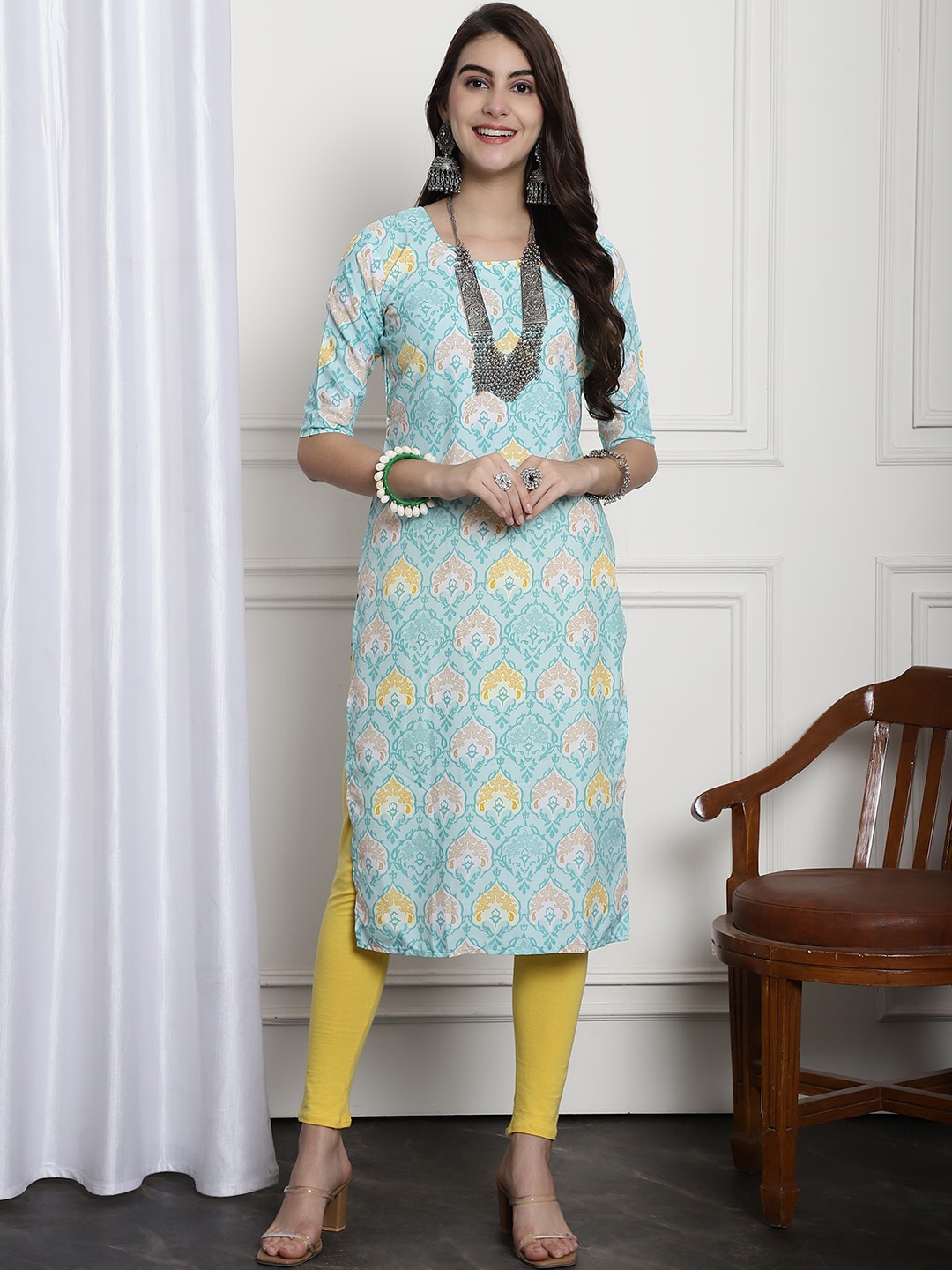 

7Threads Ethnic Motifs Printed Straight Kurta, Blue