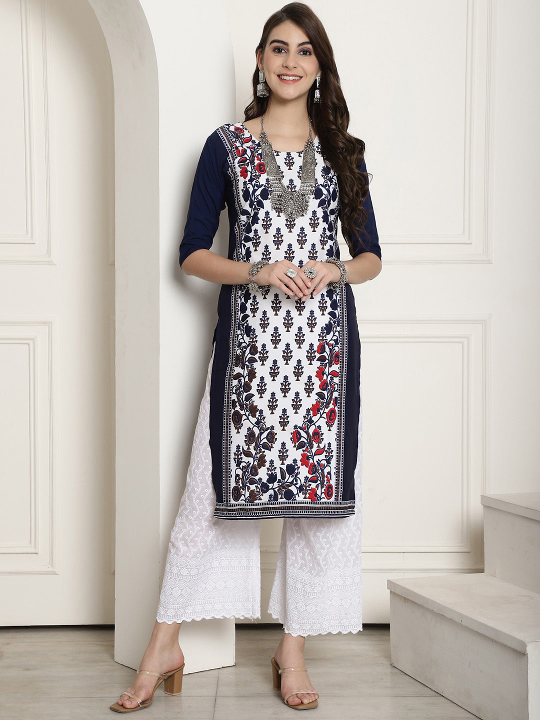 

7Threads Ethnic Motifs Printed Round Neck Straight Kurta, Navy blue