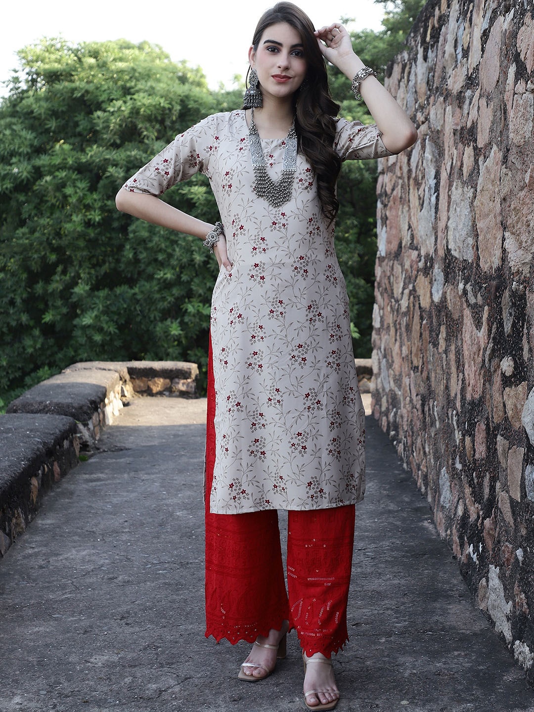 

7Threads Ethnic Motifs Printed Kurta, Beige