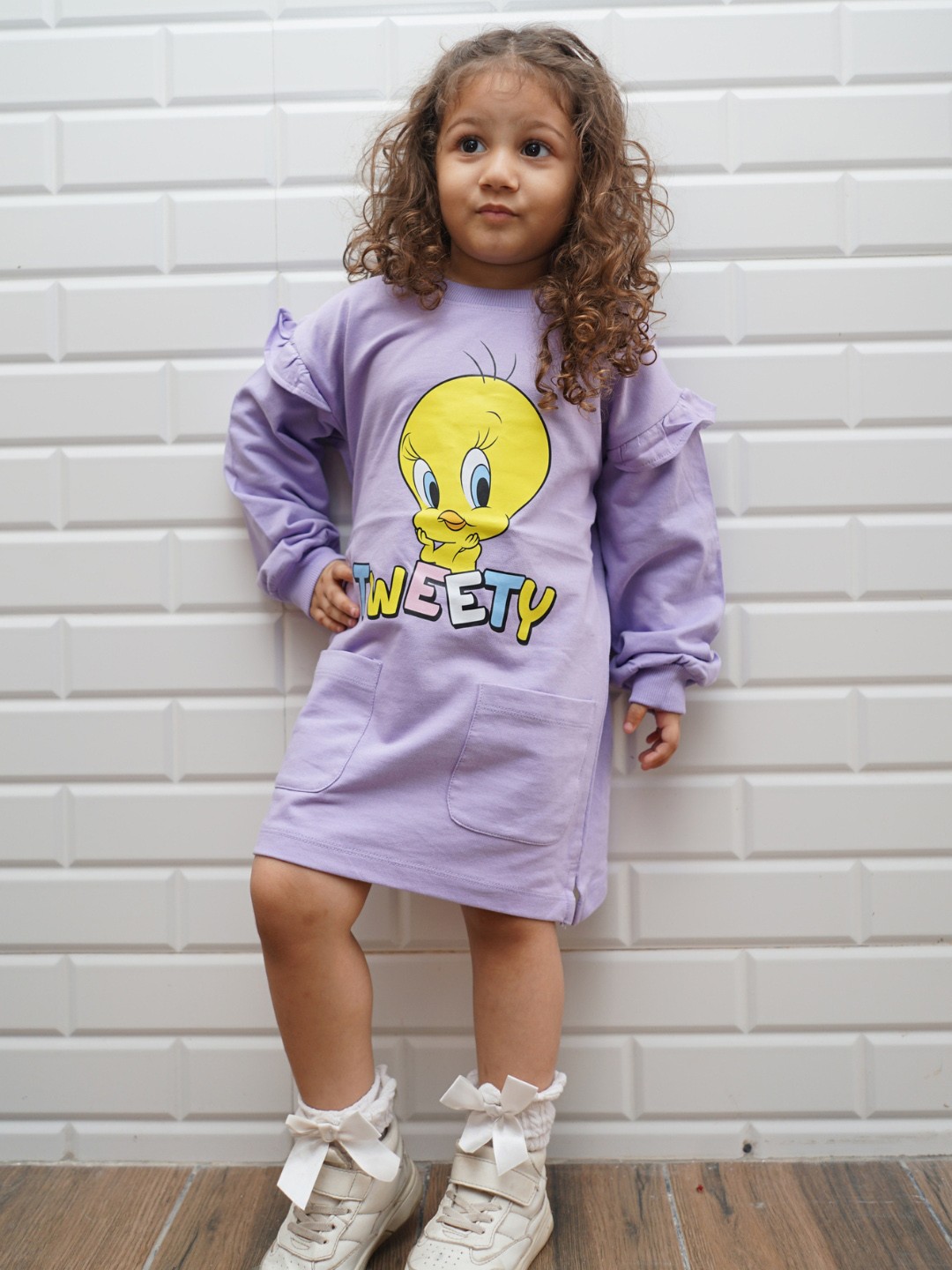 

Nap Chief Tweety Printed Ruffled Pure Cotton T-Shirt Above Knee Dress, Lavender
