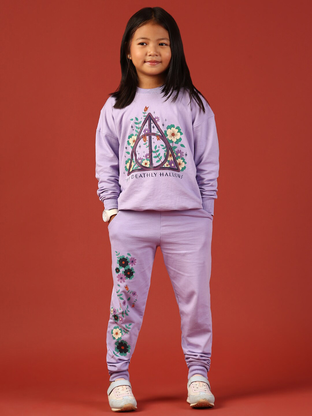 

Nap Chief Girls Harry Potter Deathly Hallows Printed Pure Cotton T-shirt with Pyjamas, Lavender