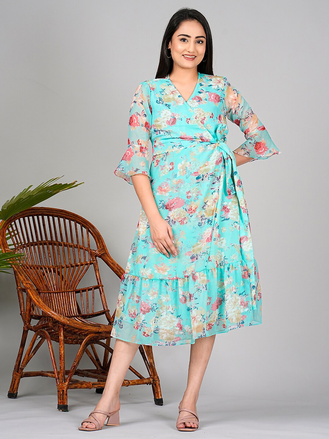 KPF Blue Floral Printed Bell Sleeves Wrap Midi Dress