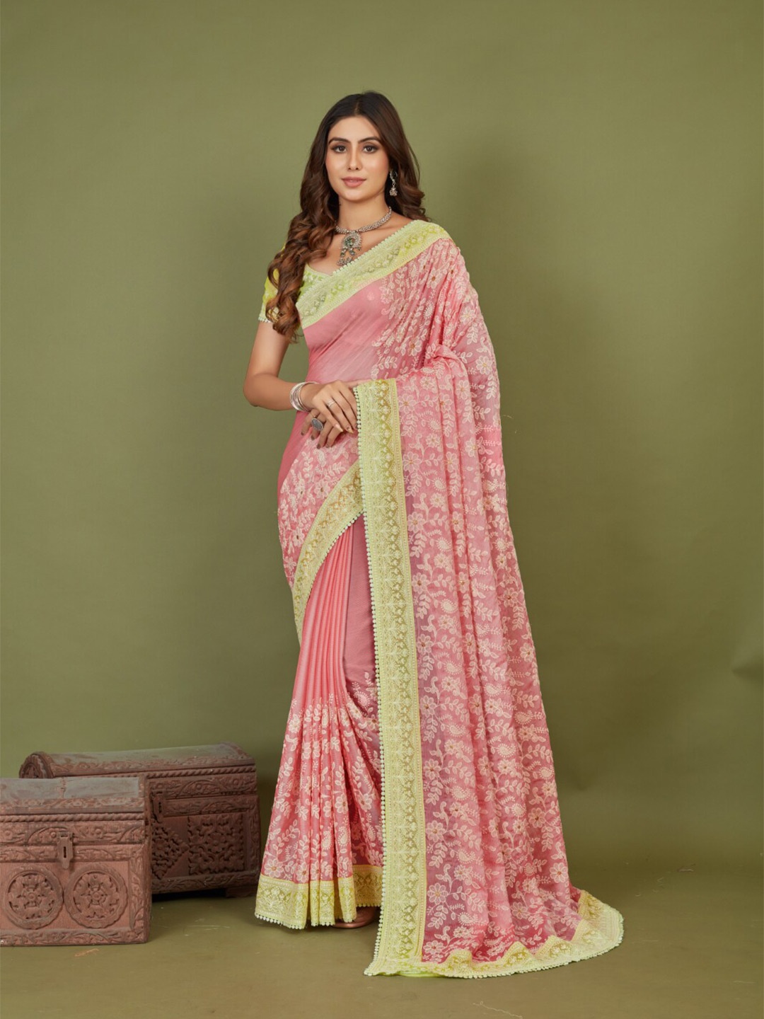 

Mitera Pink Floral Embroidered Phulkari Saree