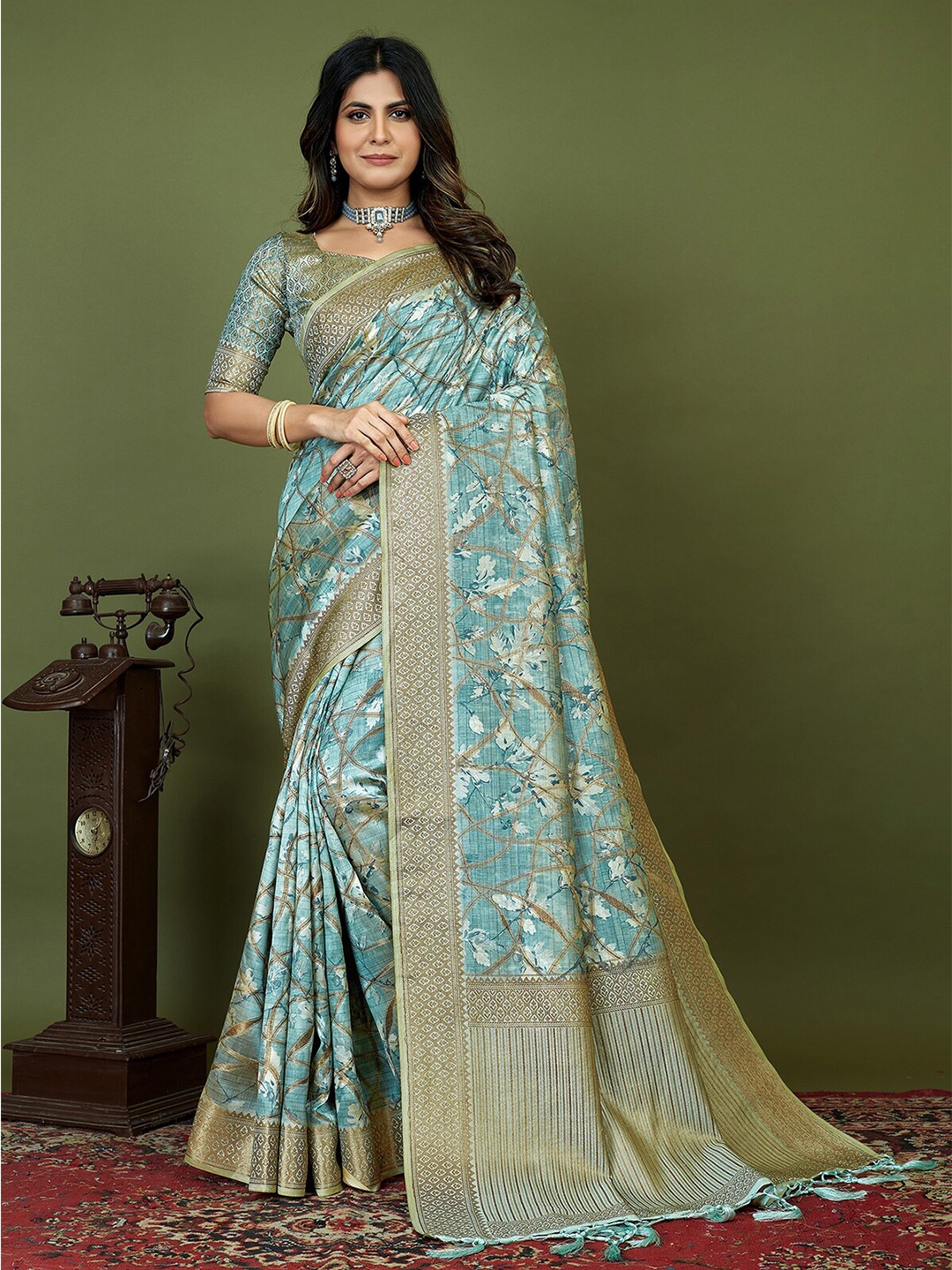 

Mitera Green Floral Printed Silk Cotton Saree
