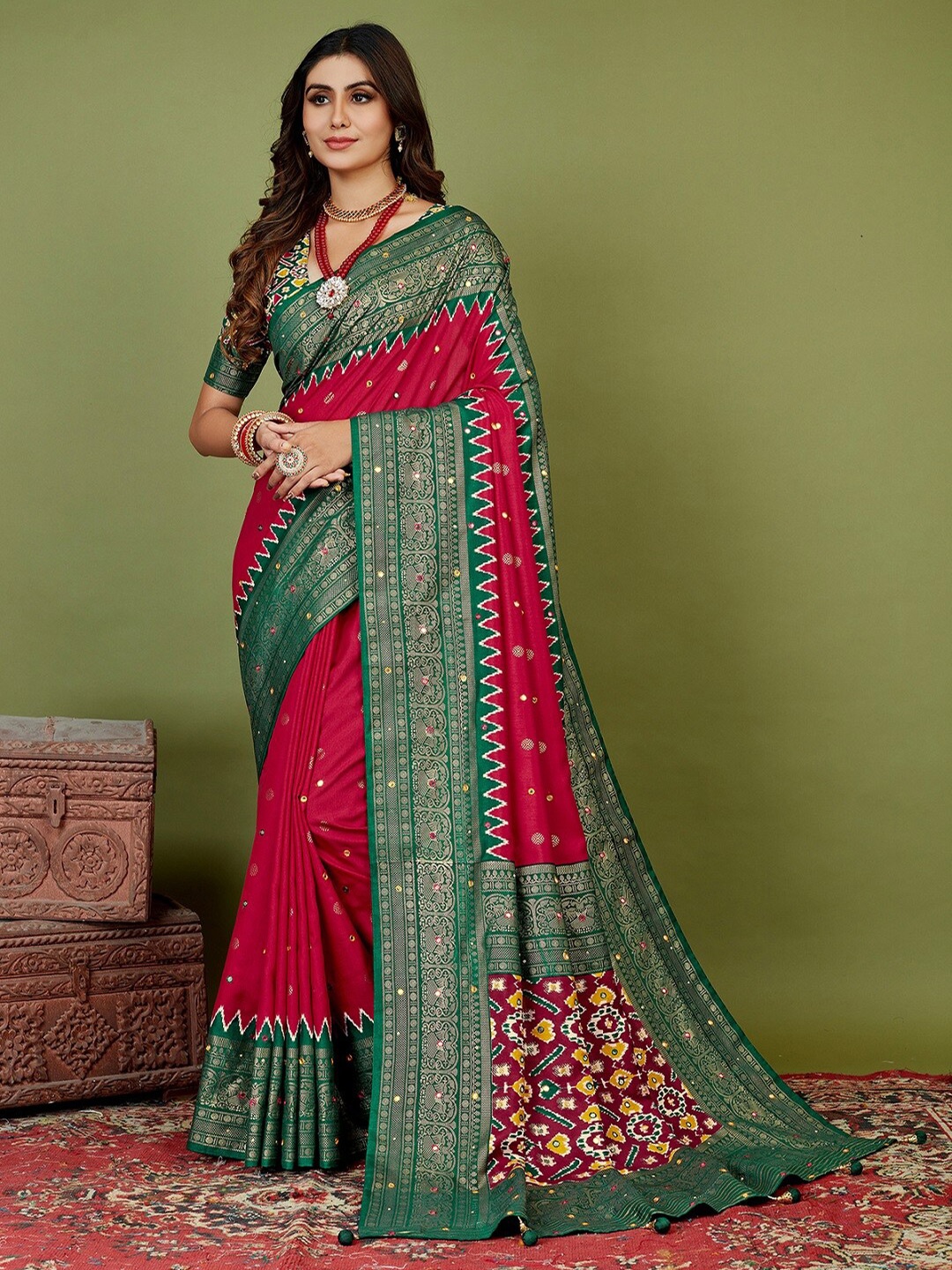 

Mitera Red Geometric Printed Silk Cotton Saree