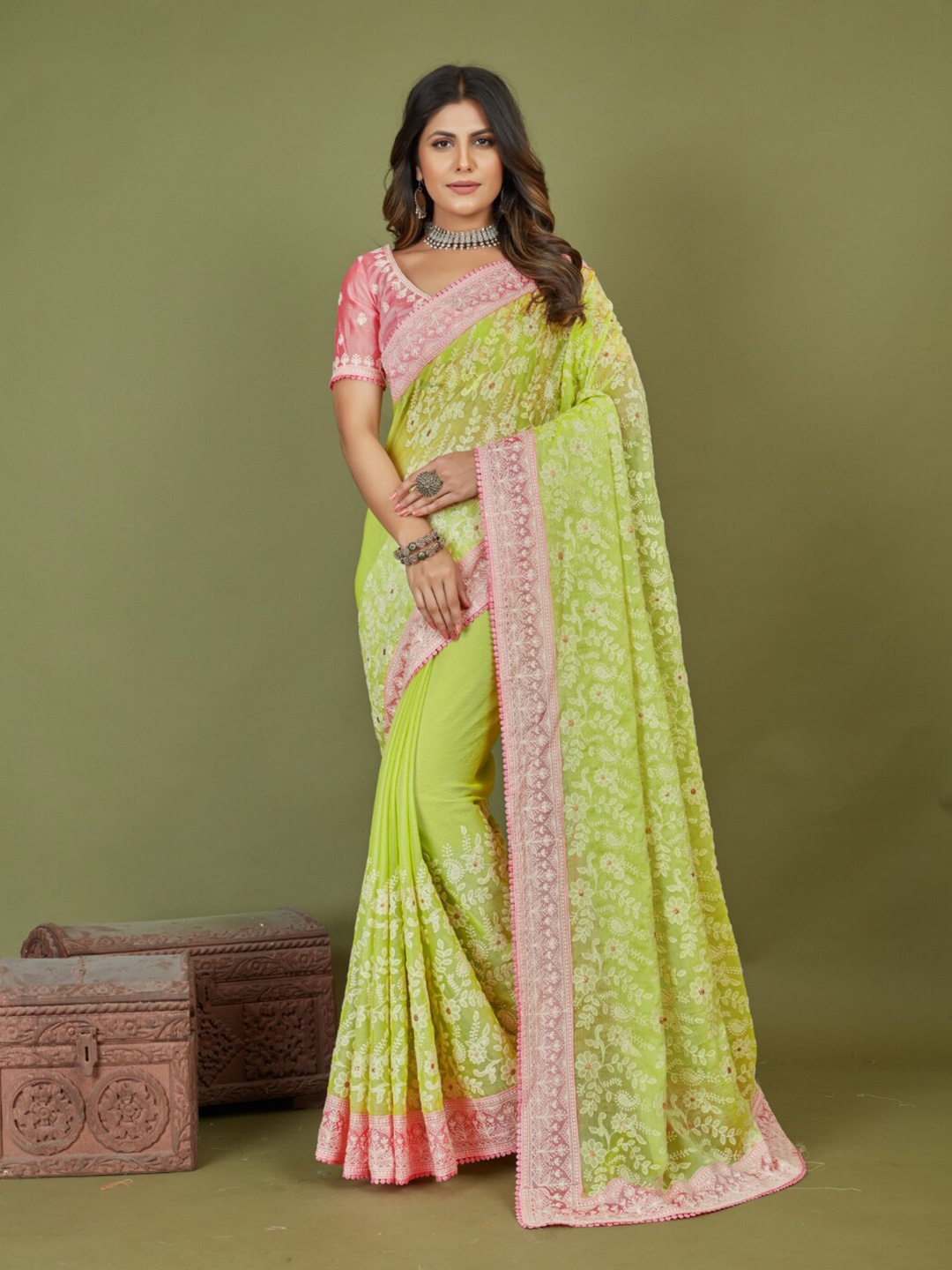 

Mitera Olive Floral Embroidered Phulkari Saree