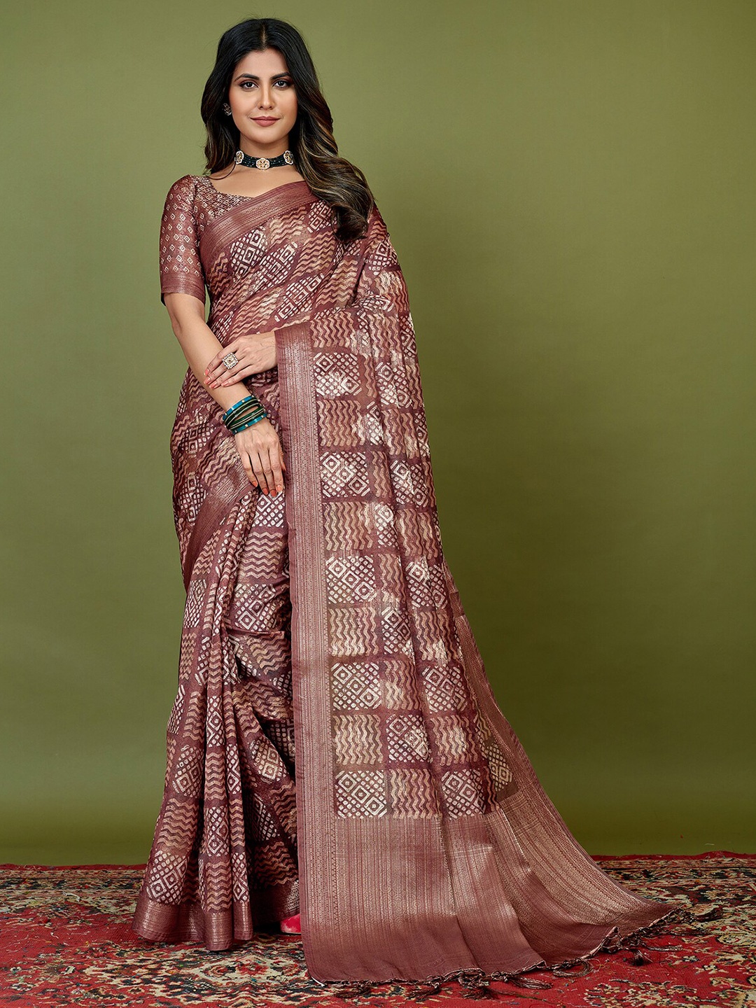 

Mitera Brown Geometric Printed Silk Cotton Saree