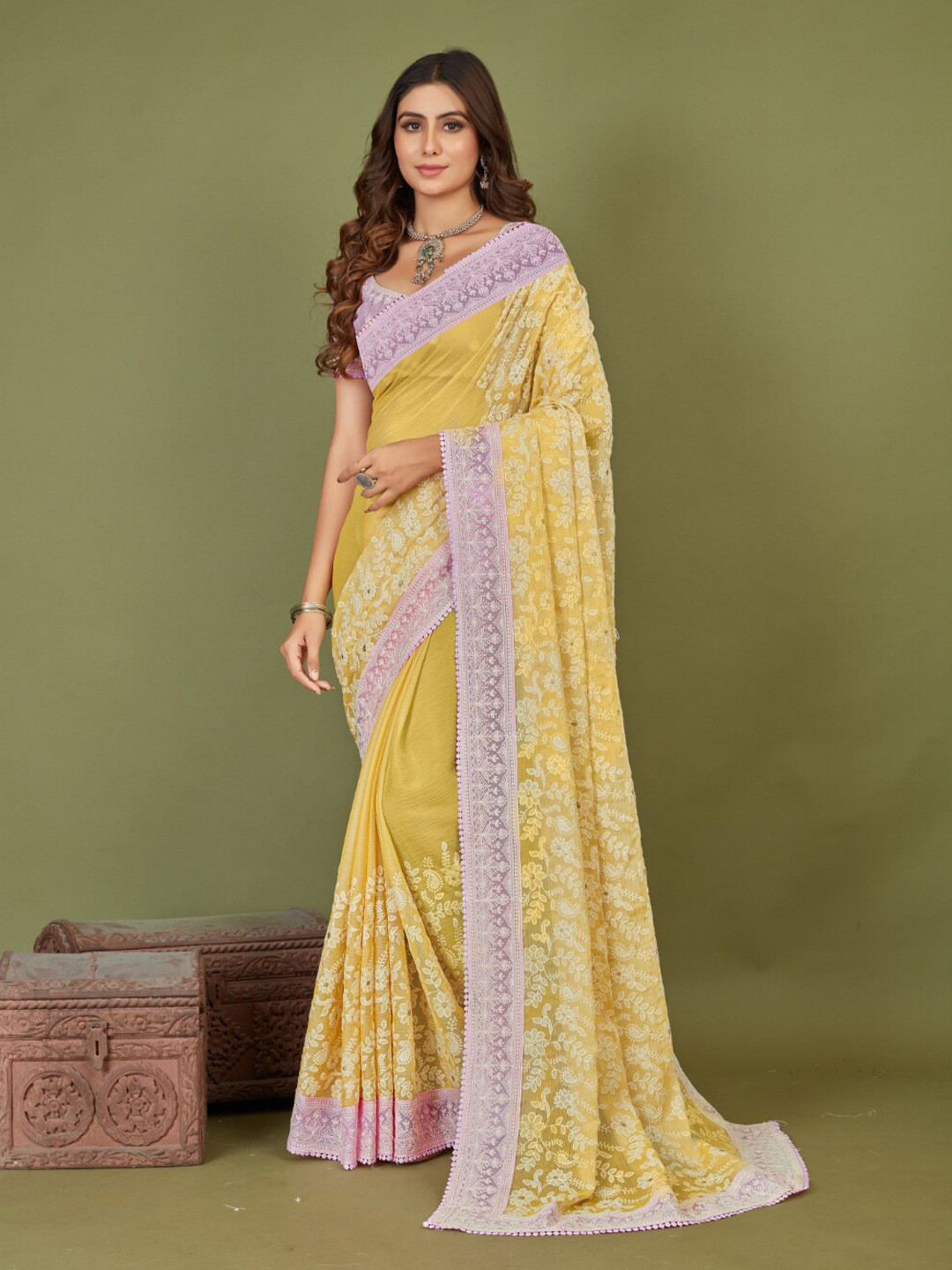 

Mitera Yellow Floral Embroidered Saree