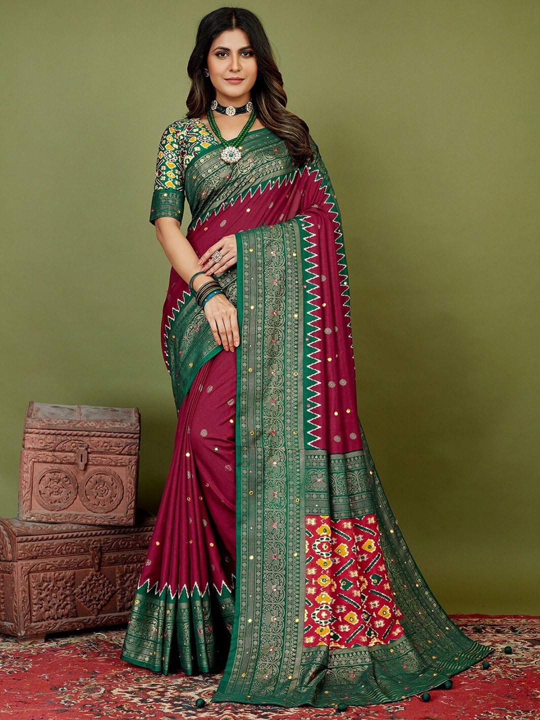 

Mitera Purple Geometric Printed Silk Cotton Saree