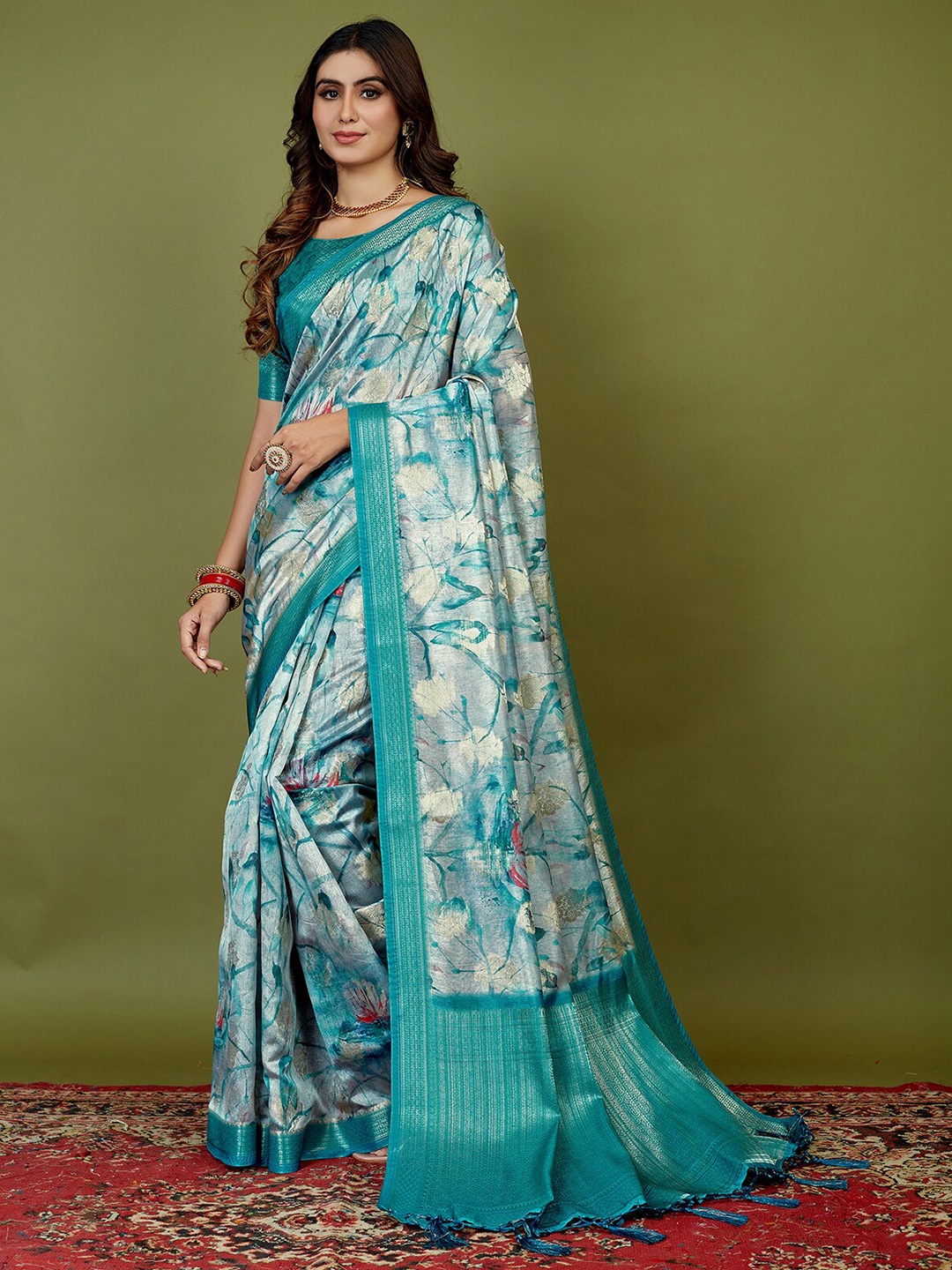 

Mitera Sea Green Floral Printed Zari Silk Cotton Saree