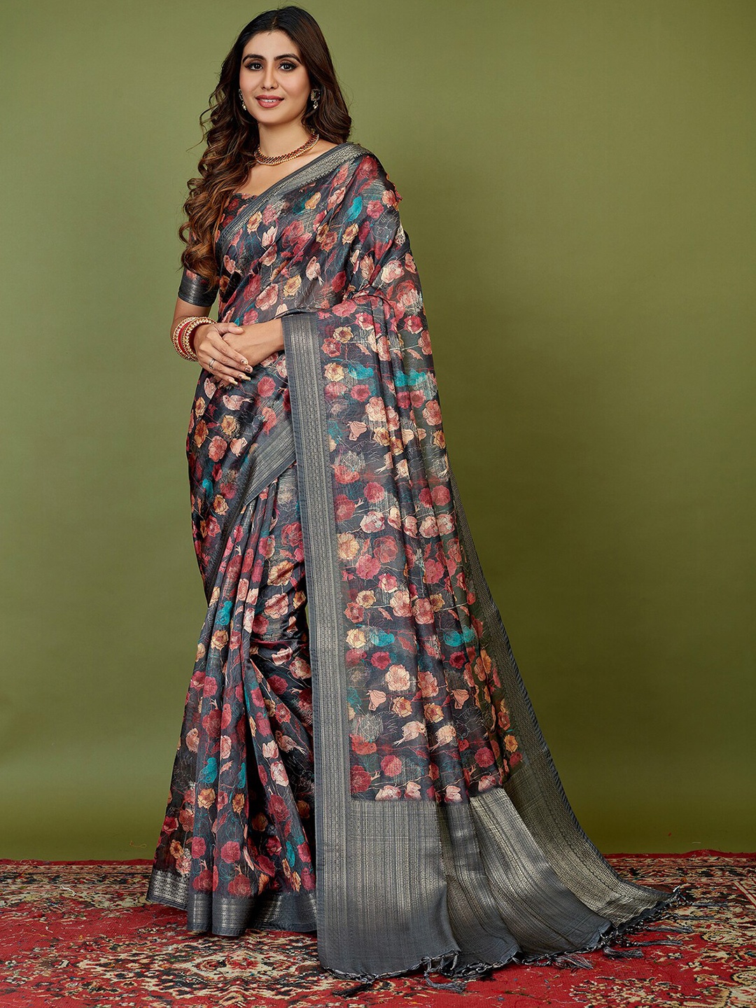 

Mitera Dark Grey Floral Printed Silk Cotton Saree