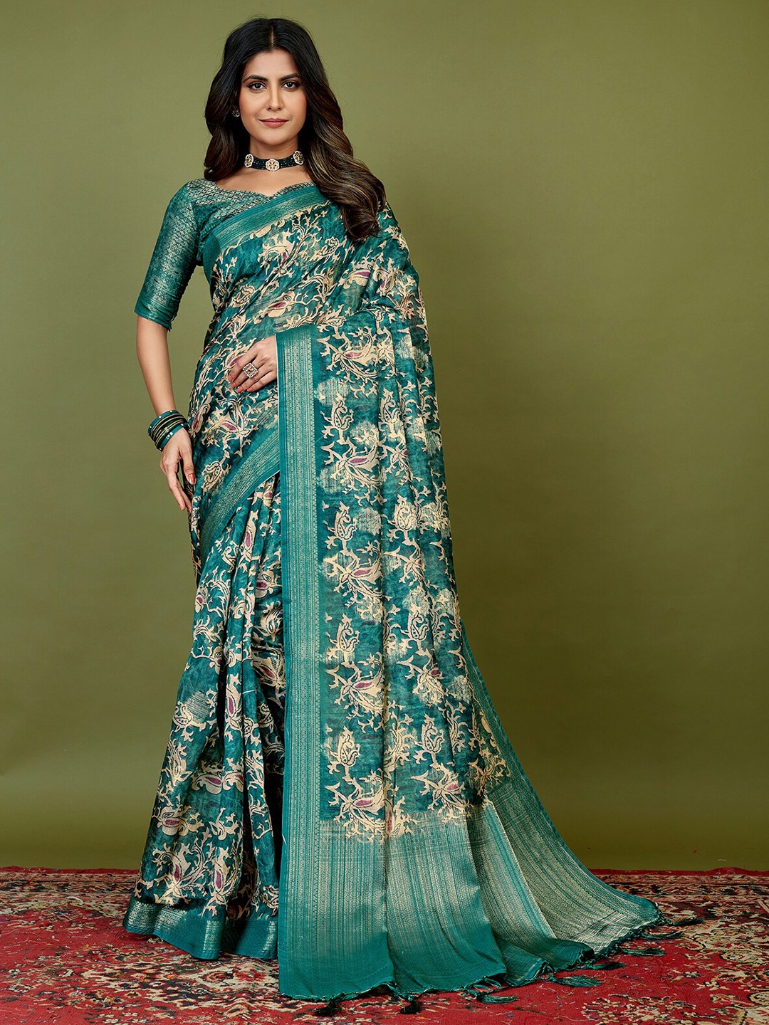 

Mitera Green Floral Printed Silk Cotton Saree