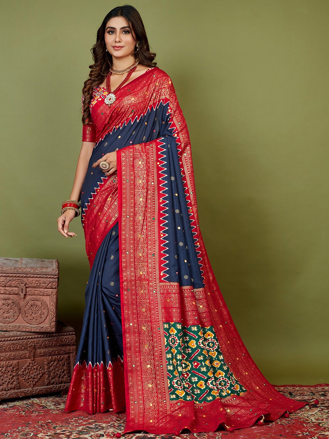 

Mitera Floral Woven Design Silk Cotton Zari Saree, Blue
