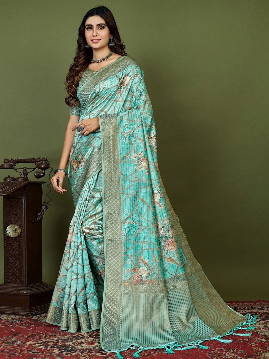 

Mitera Floral Printed Silk Cotton Zari Saree, Blue