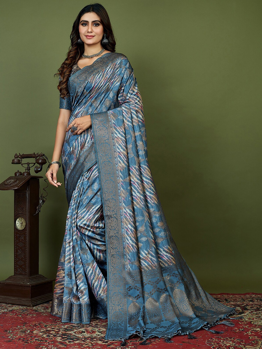 

Mitera Floral Printed Silk Cotton Zari Saree, Blue