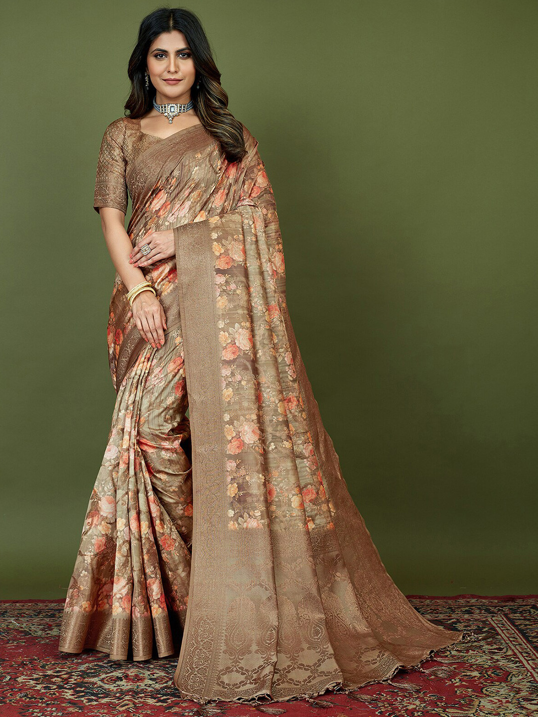 

Mitera Floral Printed Silk Cotton Zari Saree, Brown
