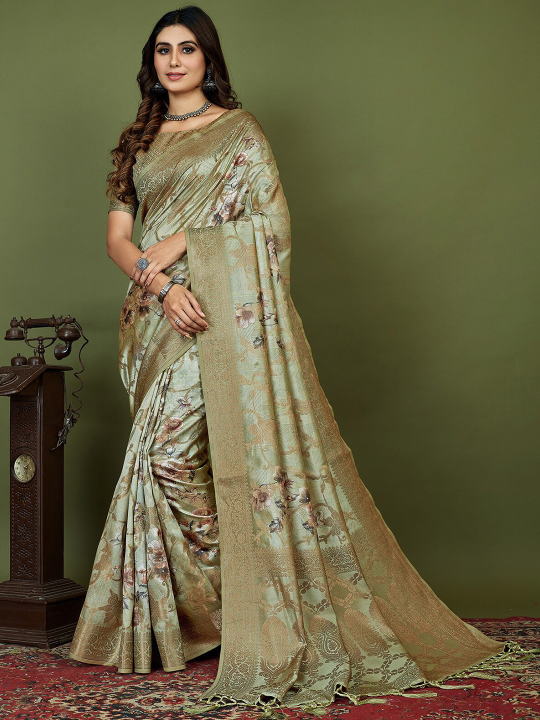 

Mitera Floral Printed Silk Cotton Zari Saree, Green