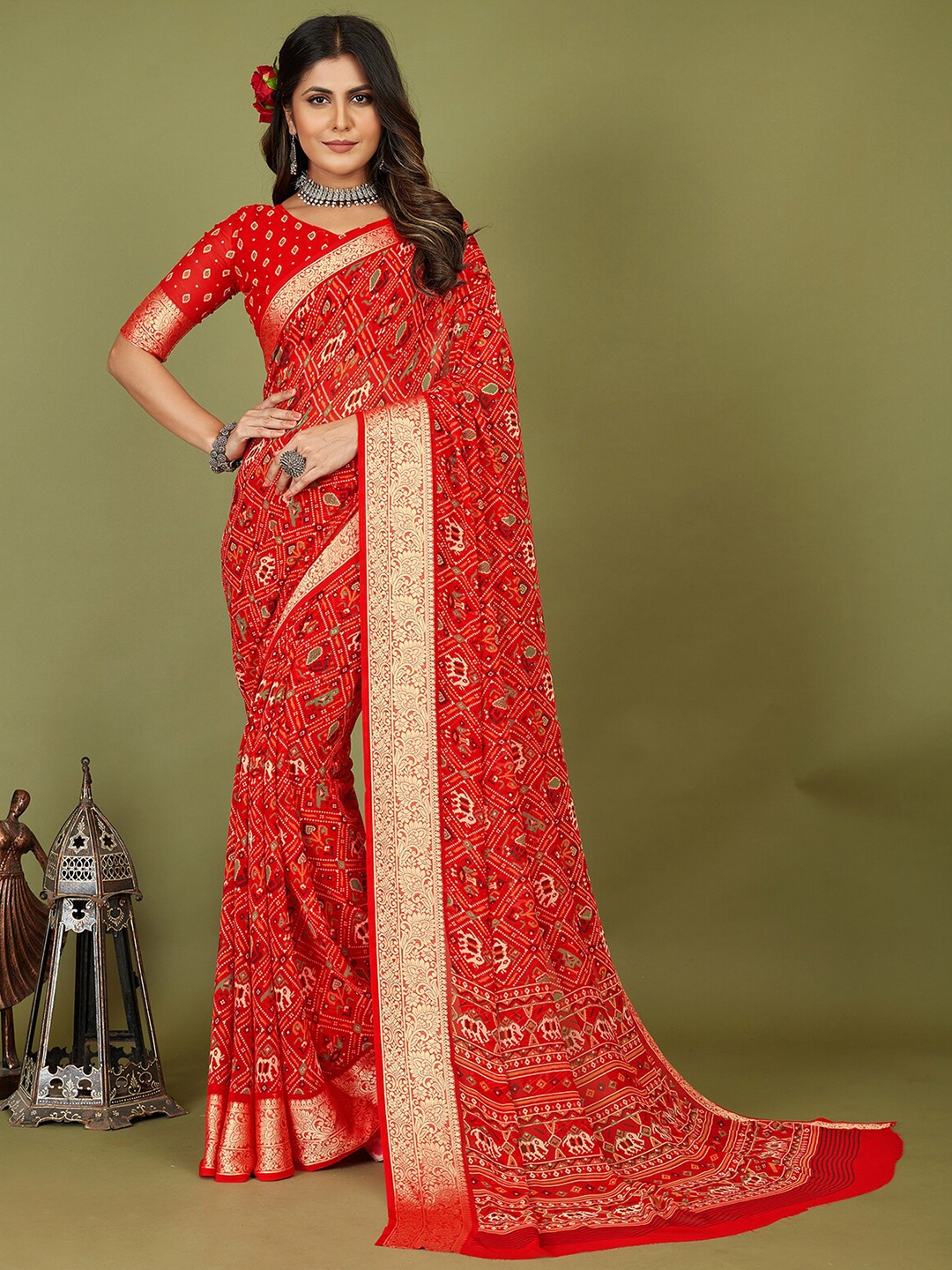 

Mitera Floral Printed Silk Cotton Zari Patola Saree, Red