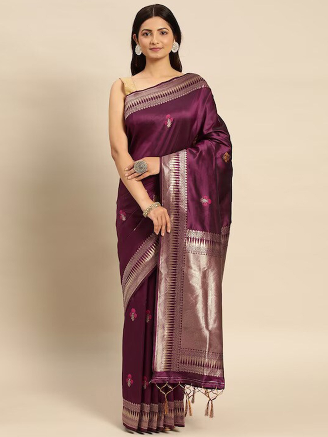 

MARGI DESIGNERS Floral Woven Design Zari Pure Silk Kanjeevaram Saree, Purple