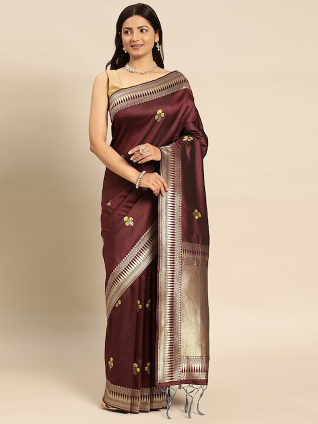 

MARGI DESIGNERS Floral Woven Design Zari Pure Silk Kanjeevaram Saree, Brown