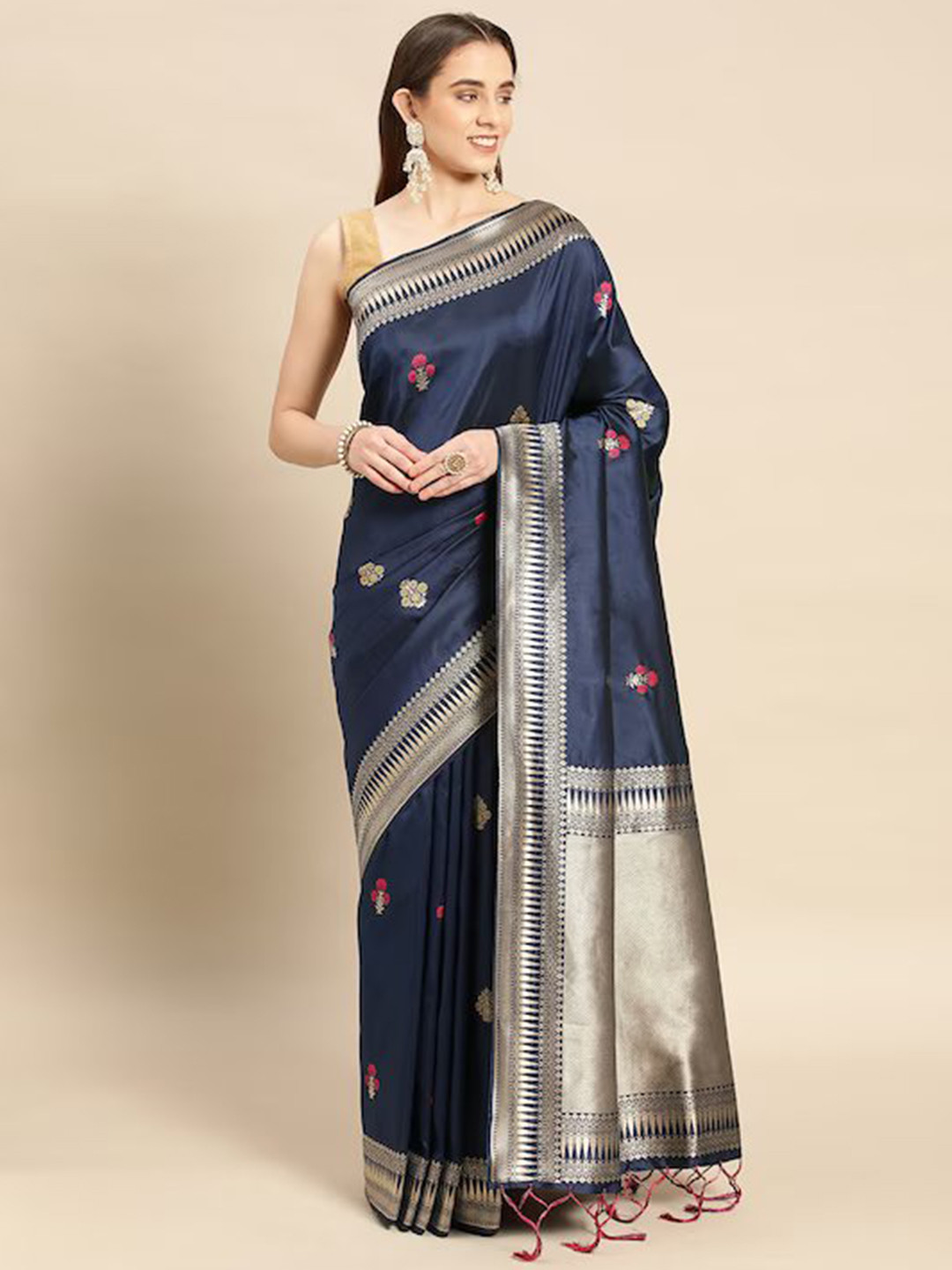 

MARGI DESIGNERS Floral Woven Design Zari Pure Silk Kanjeevaram Saree, Navy blue