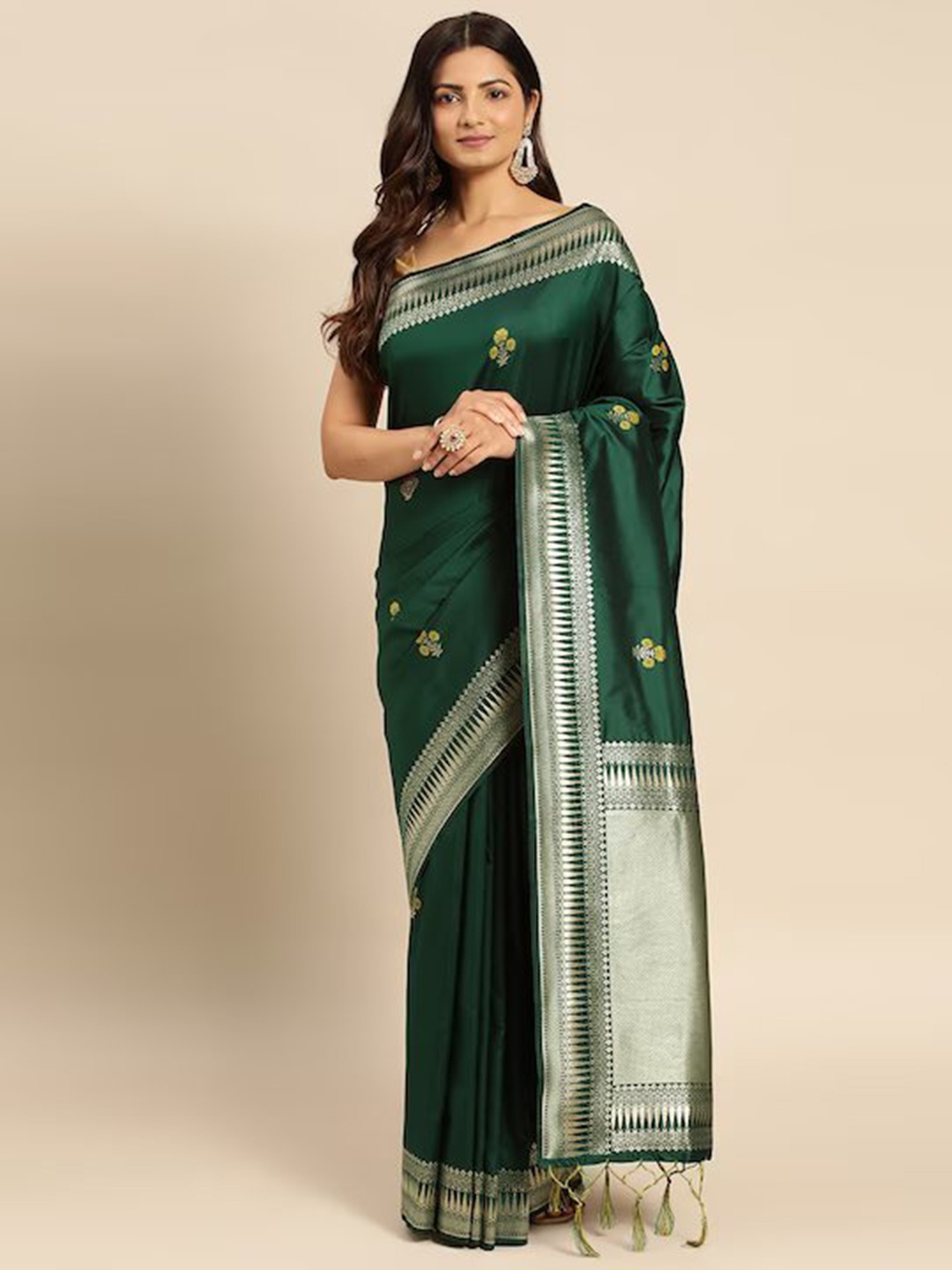 

MARGI DESIGNERS Floral Woven Design Zari Pure Silk Kanjeevaram Saree, Green