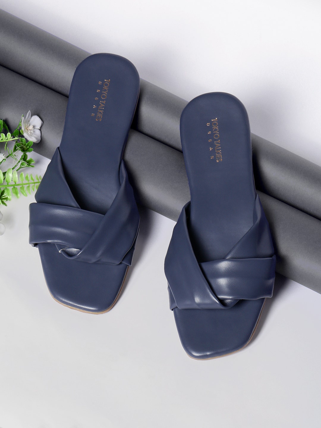 

Tokyo Talkies Twisted Open Toe Flats, Navy blue