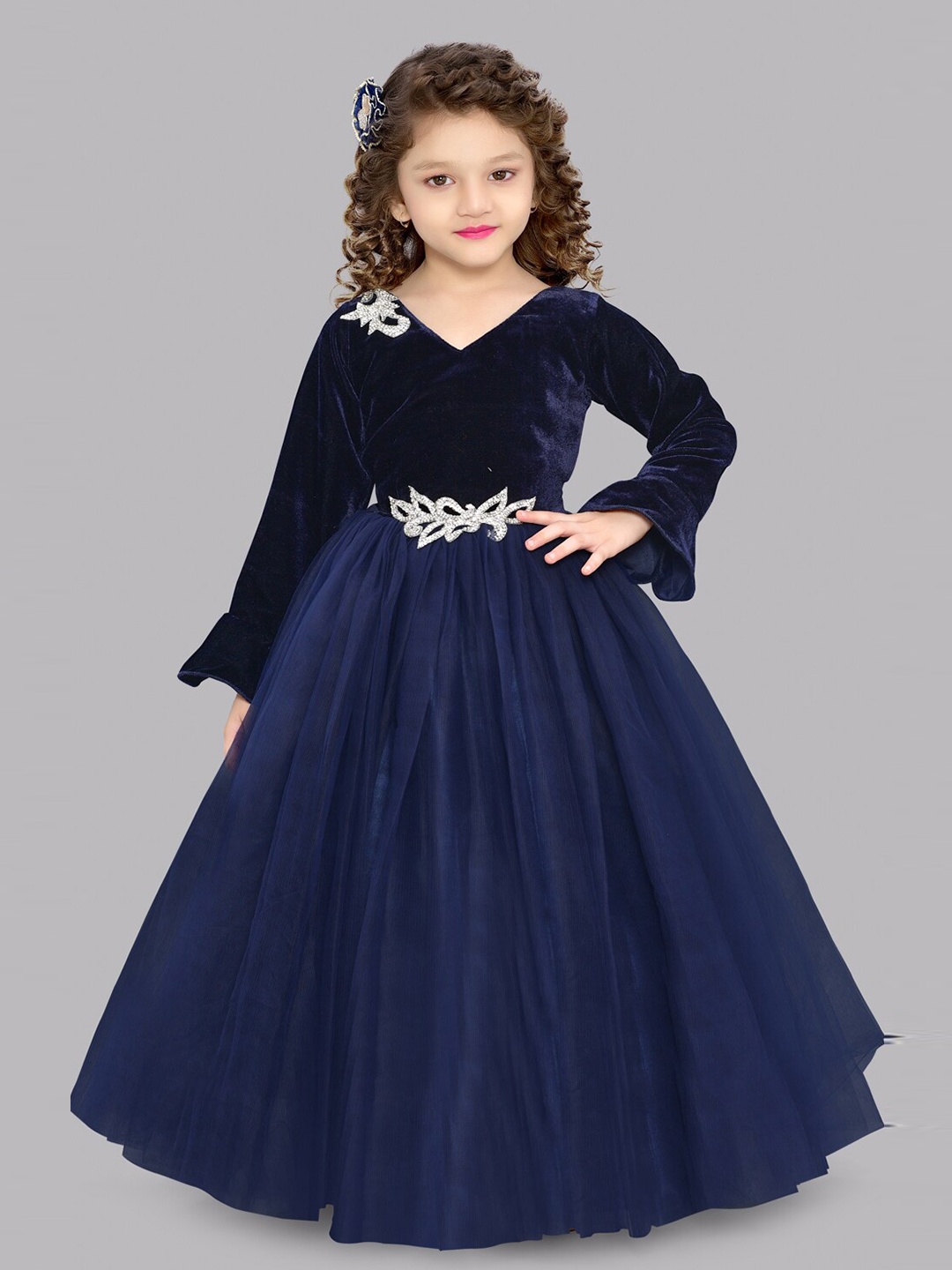 

Pink Chick Bell Sleeves Embellished Velvet Fit & Flare Maxi Dress, Navy blue