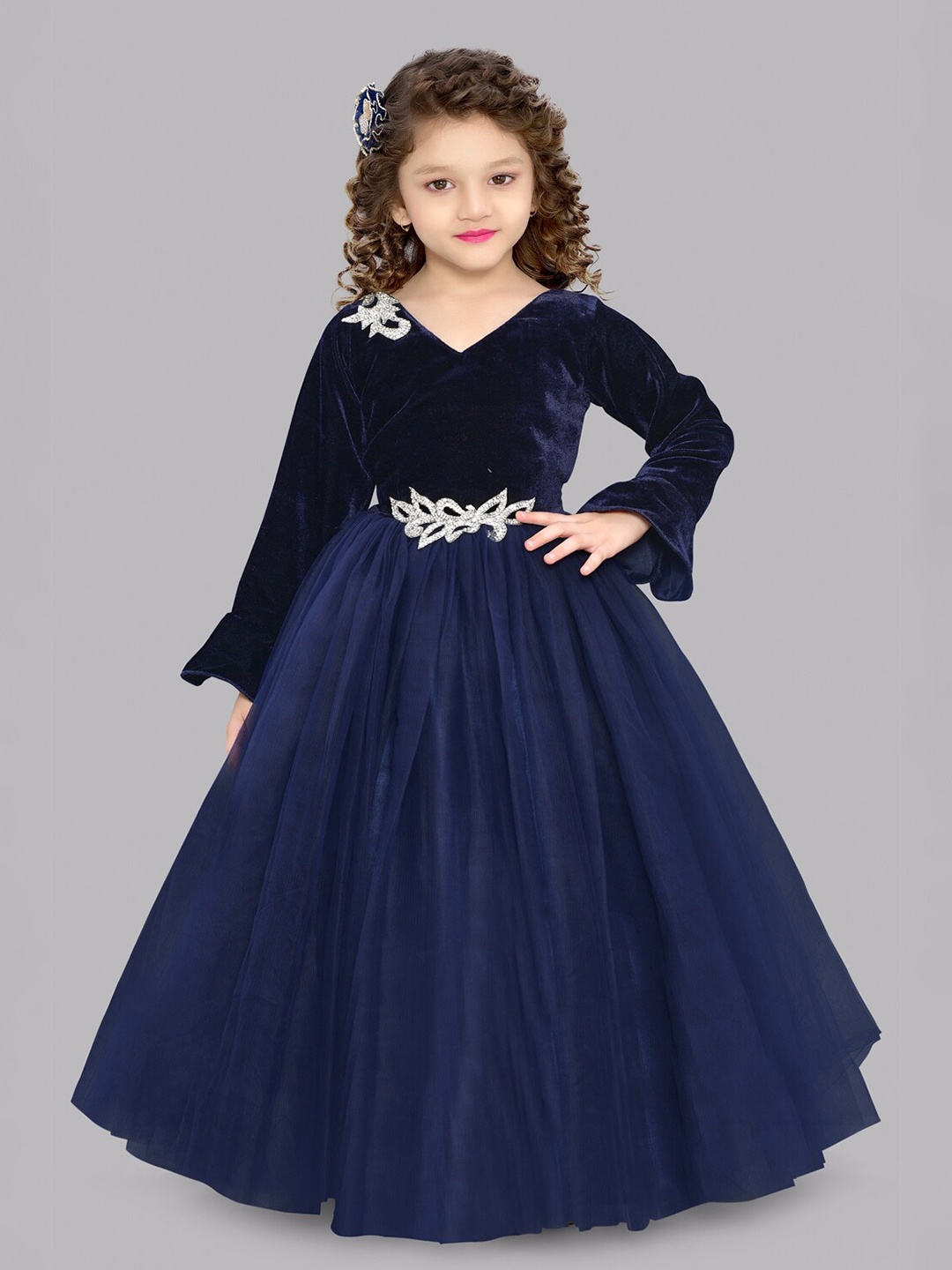 

Pink Chick Bell Sleeves Embellished Velvet Fit & Flare Maxi Dress, Navy blue