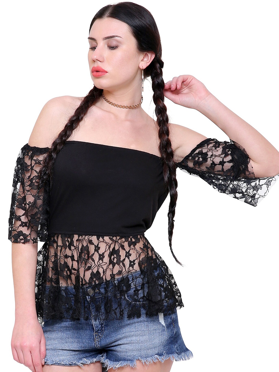 

MARZENI Off-Shoulder Lace Inserts Cinched Waist Top, Black