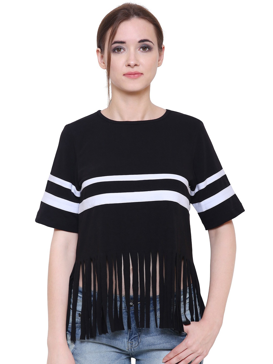 

MARZENI Striped Fringed Top, Black