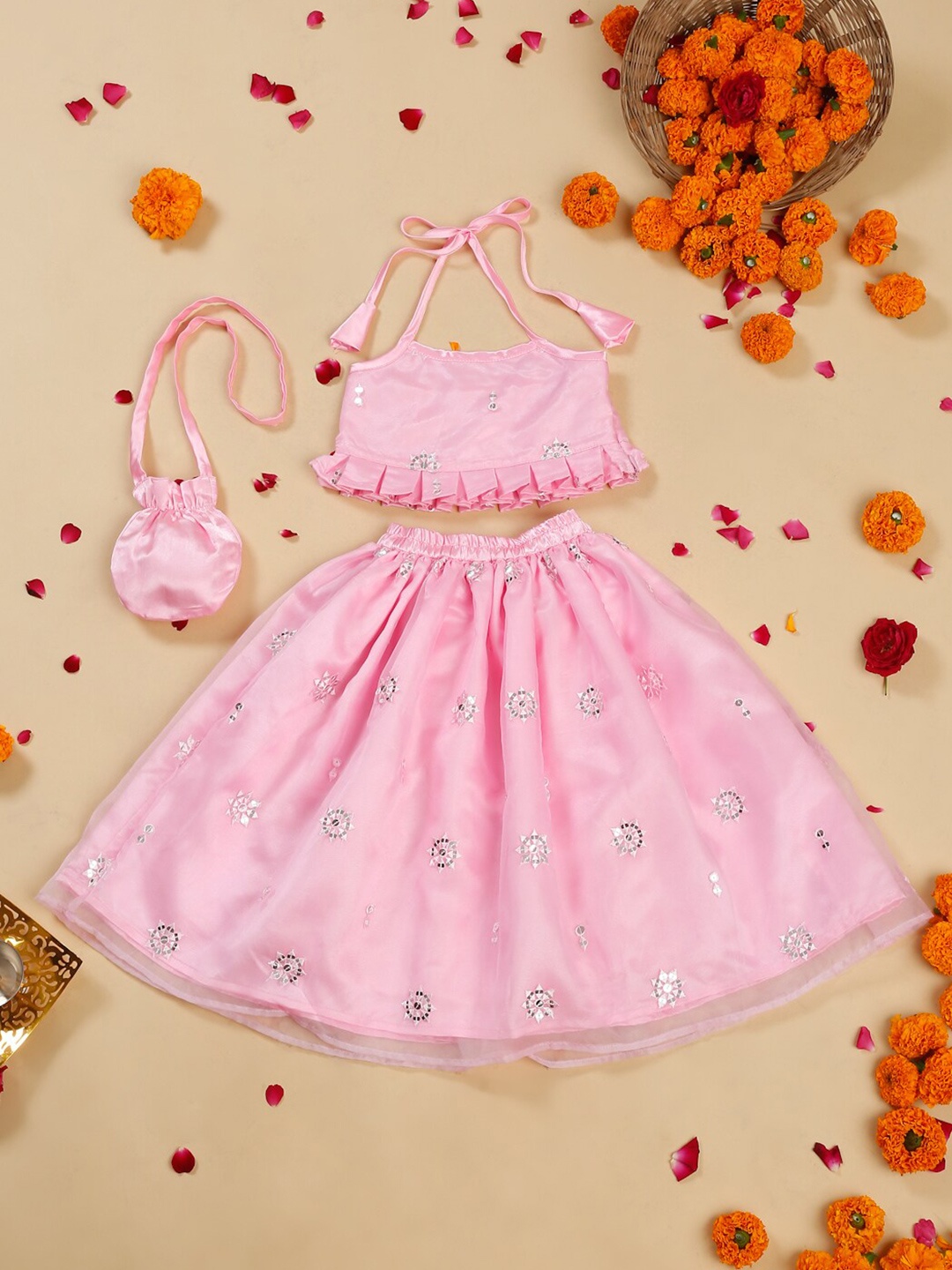 

SAKA DESIGNS Girls Embroidered Ready to Wear Organza Lehenga, Pink