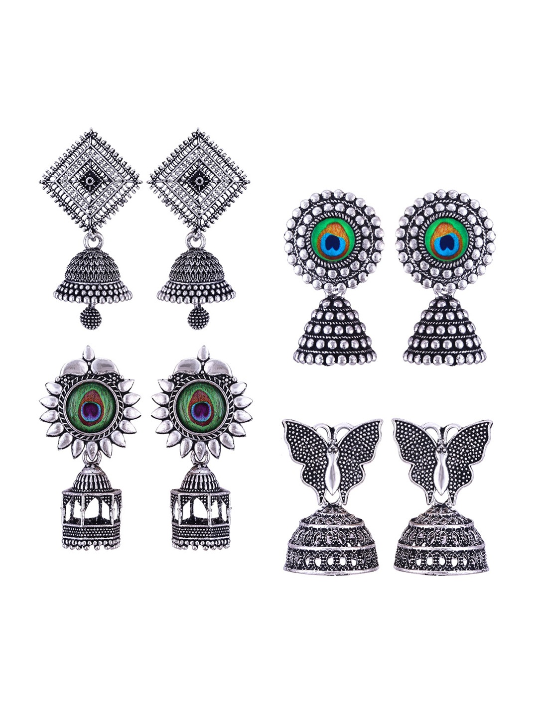 

MEENAZ Pack Of 4 Silver-Plated Dome Shaped Oxidised Jhumkas