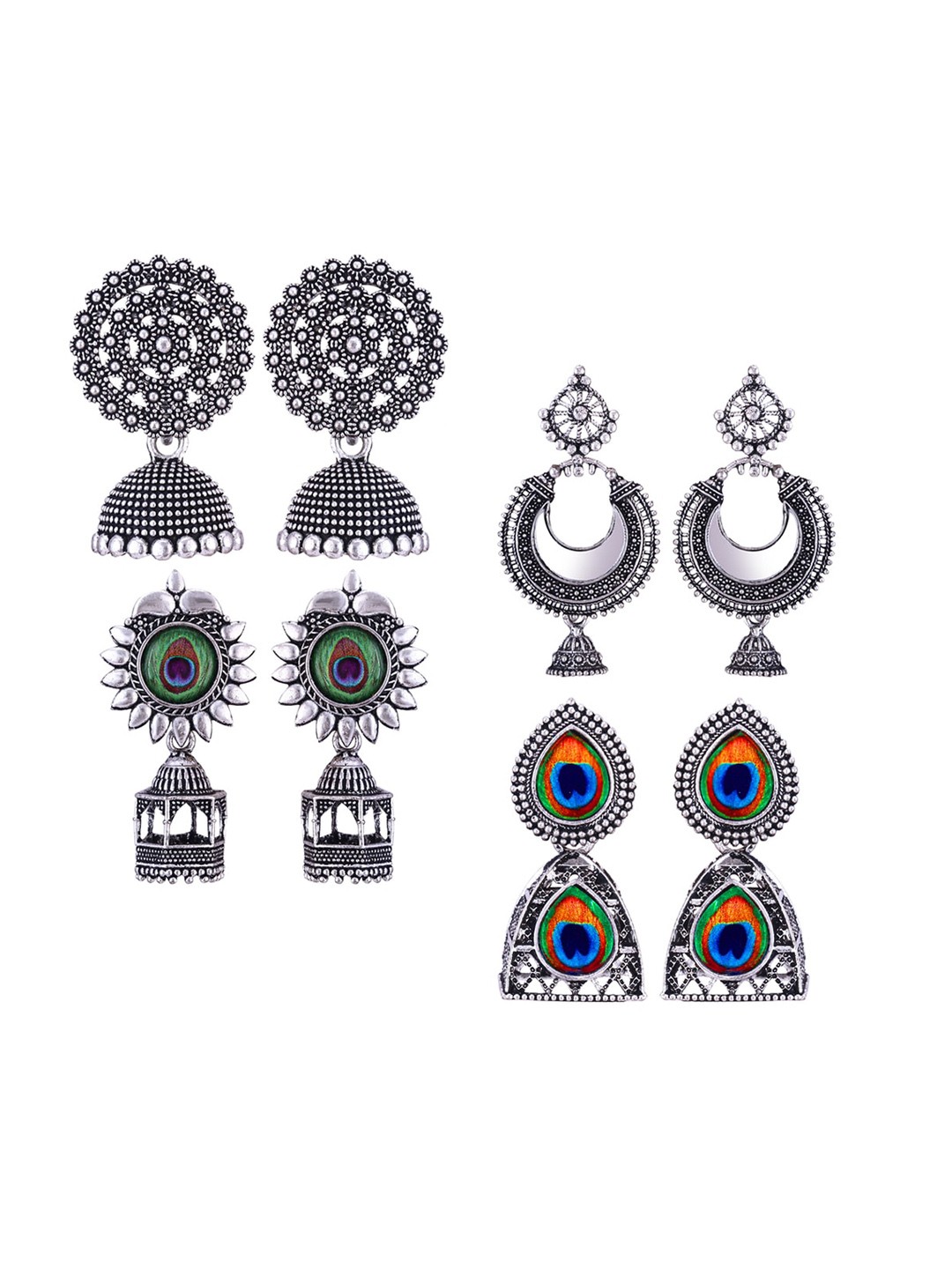 

MEENAZ Set Of 4 Silver-Plated Stone-Studded Dome Shaped Jhumkas