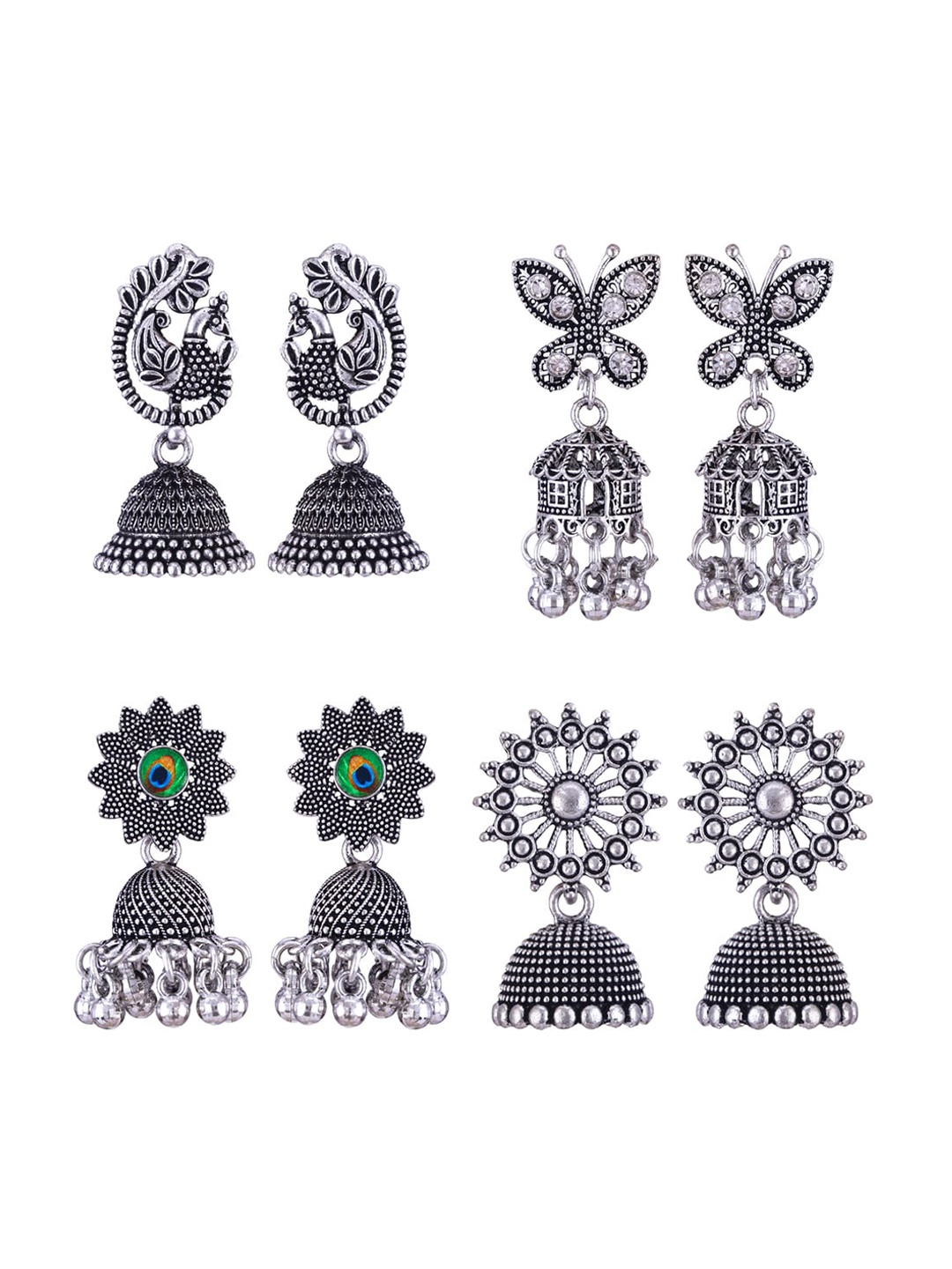 

MEENAZ Set Of 4 Silver-Plated Dome Shaped Jhumkas