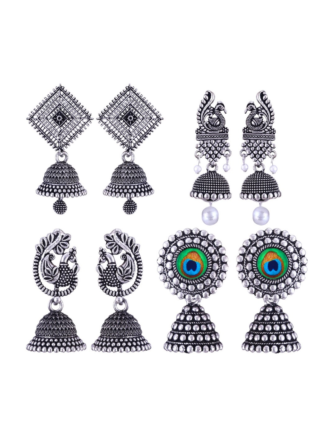 

MEENAZ Set Of 4 Silver-Plated Peacock Shaped Oxidised Jhumkas