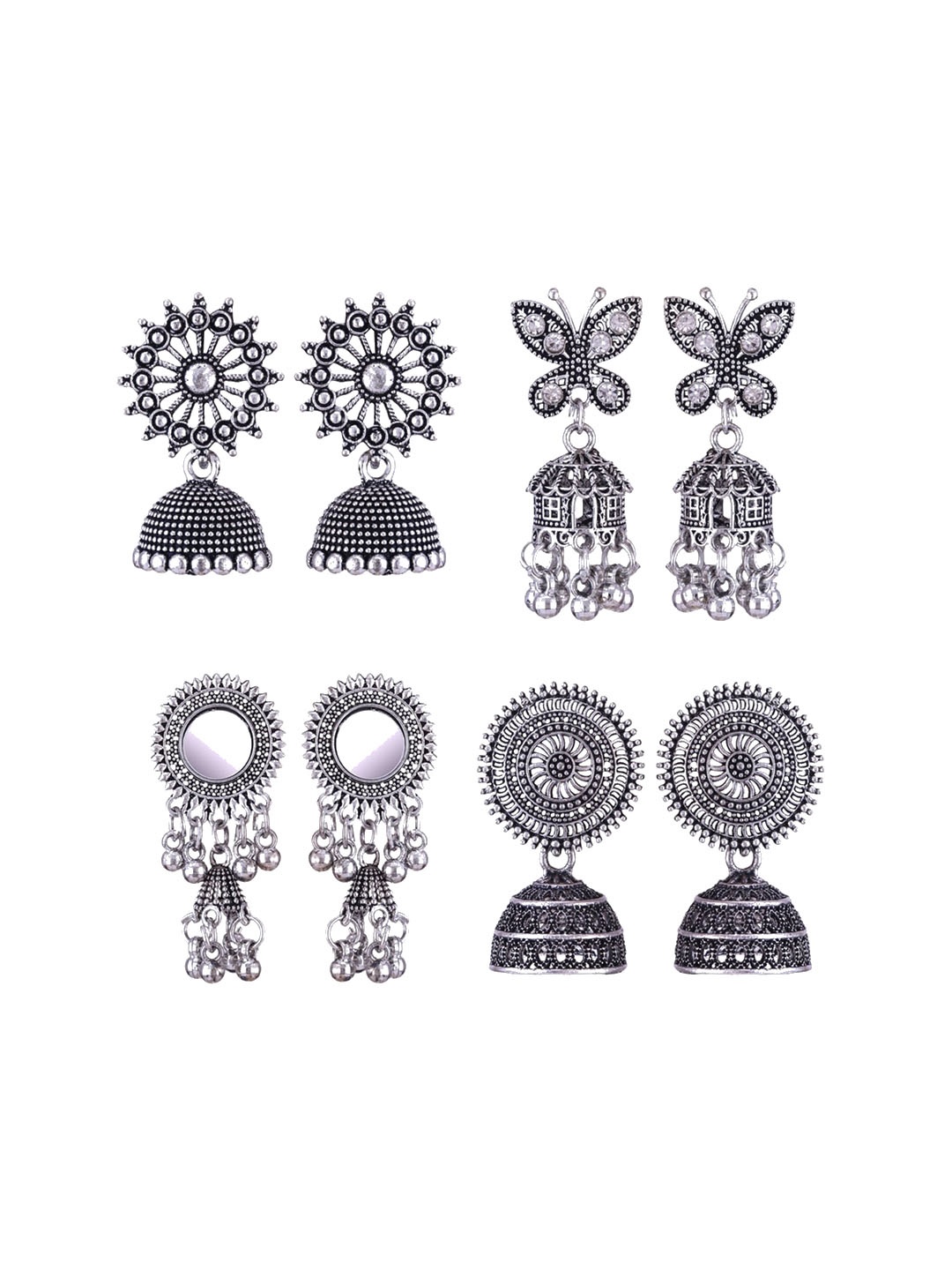 

MEENAZ Set Of 4 Silver-Plated Peacock Shaped Jhumkas