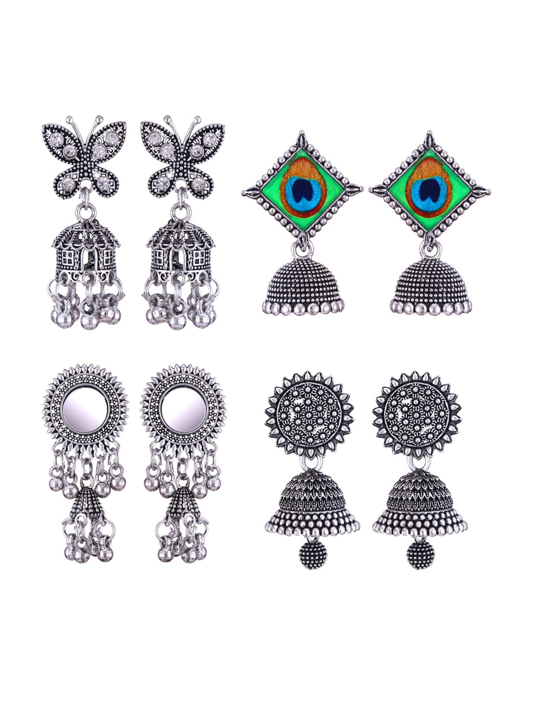 

MEENAZ Set Of 4 Silver-Plated Peacock Shaped Oxidised Jhumkas