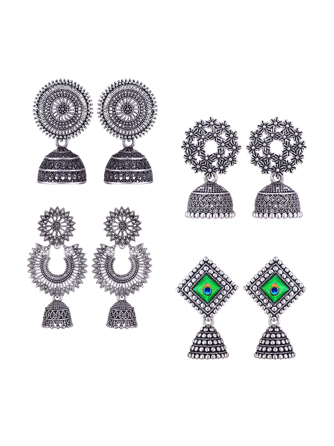 

MEENAZ Set Of 4 Peacock Shaped Silver-Plated Jhumkas