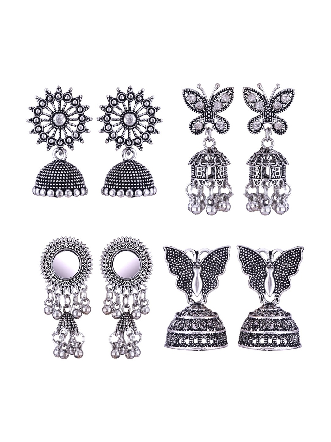 

MEENAZ Set Of 4 Peacock Shaped Silver-Plated Jhumkas