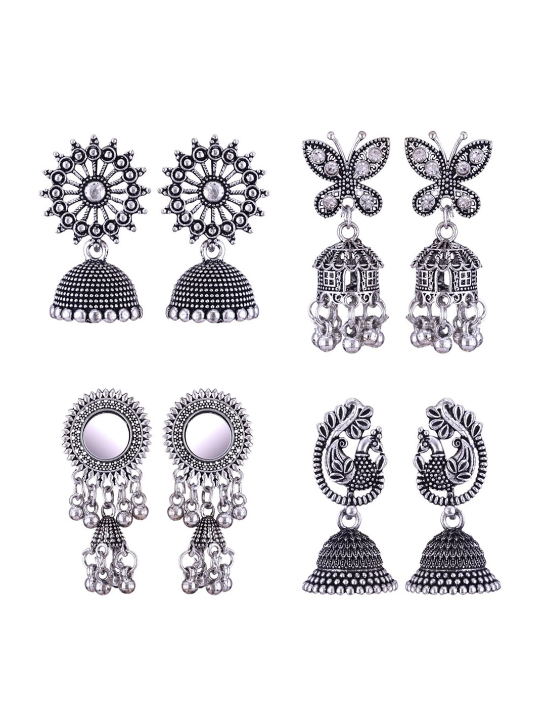 

MEENAZ Set Of 4 Silver Plated Peacock Shaped Oxidised Jhumkas