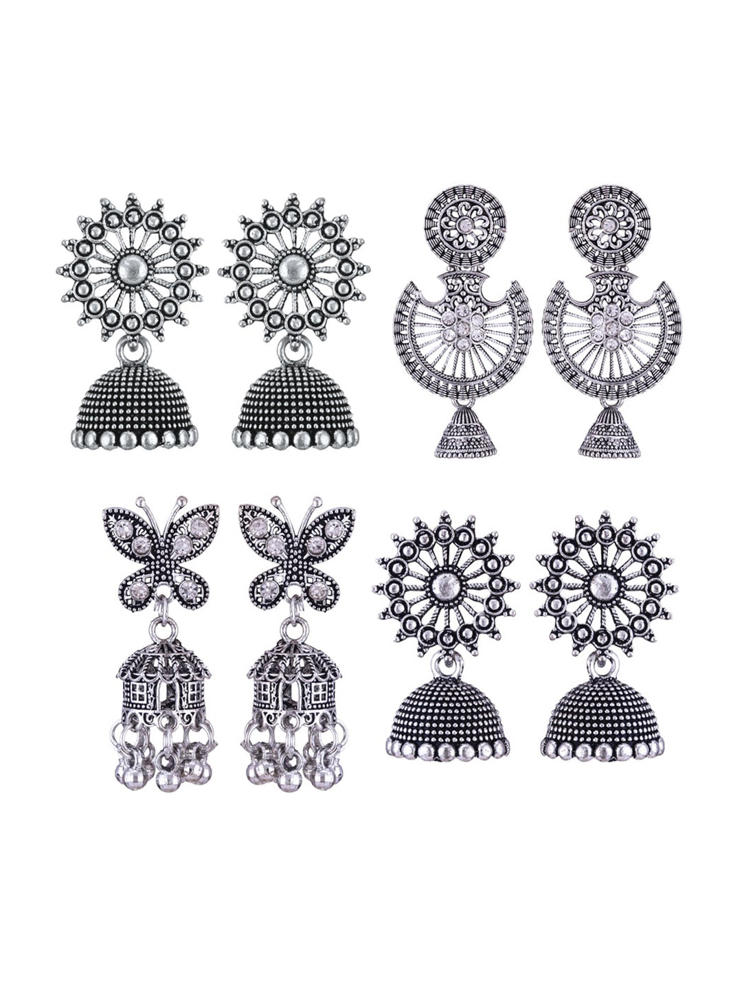 

MEENAZ Set Of 4 Peacock Shaped Silver-Plated Jhumkas