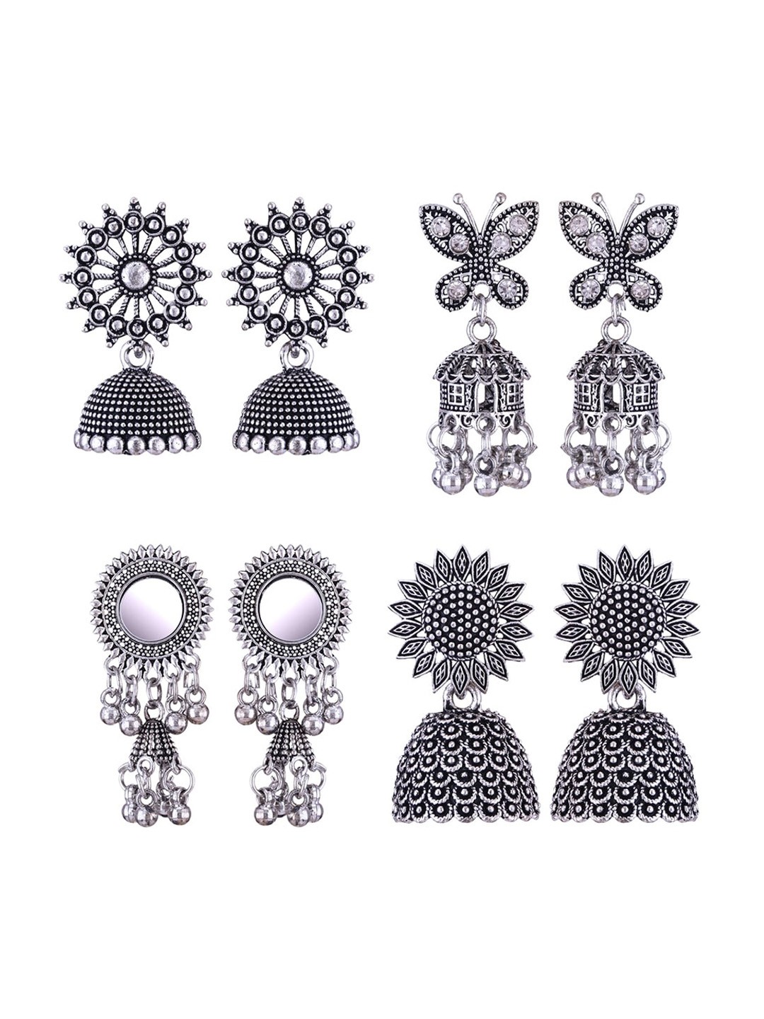 

MEENAZ Set Of 4 Silver-Plated Peacock Shaped Jhumkas