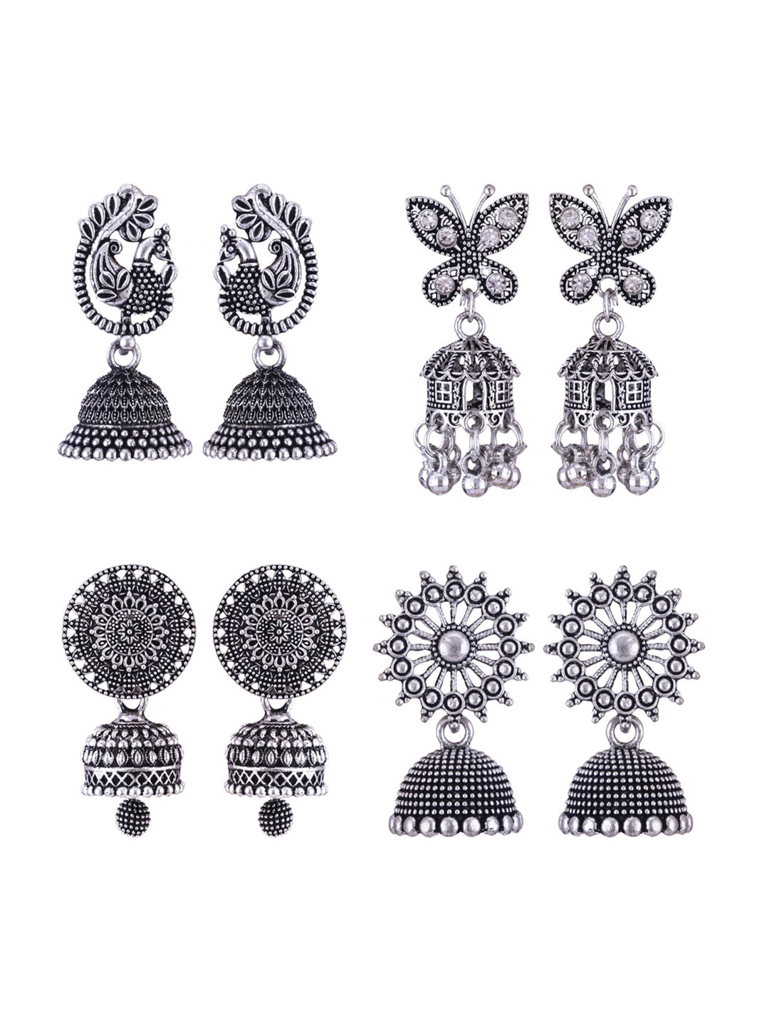 

MEENAZ Set Of 4 Silver-Plated Stainless Steel Peacock Shaped Jhumkas